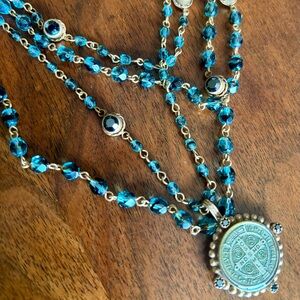 Virgins Saints & Angels Teal Crystal and Gold Necklace with Pendant